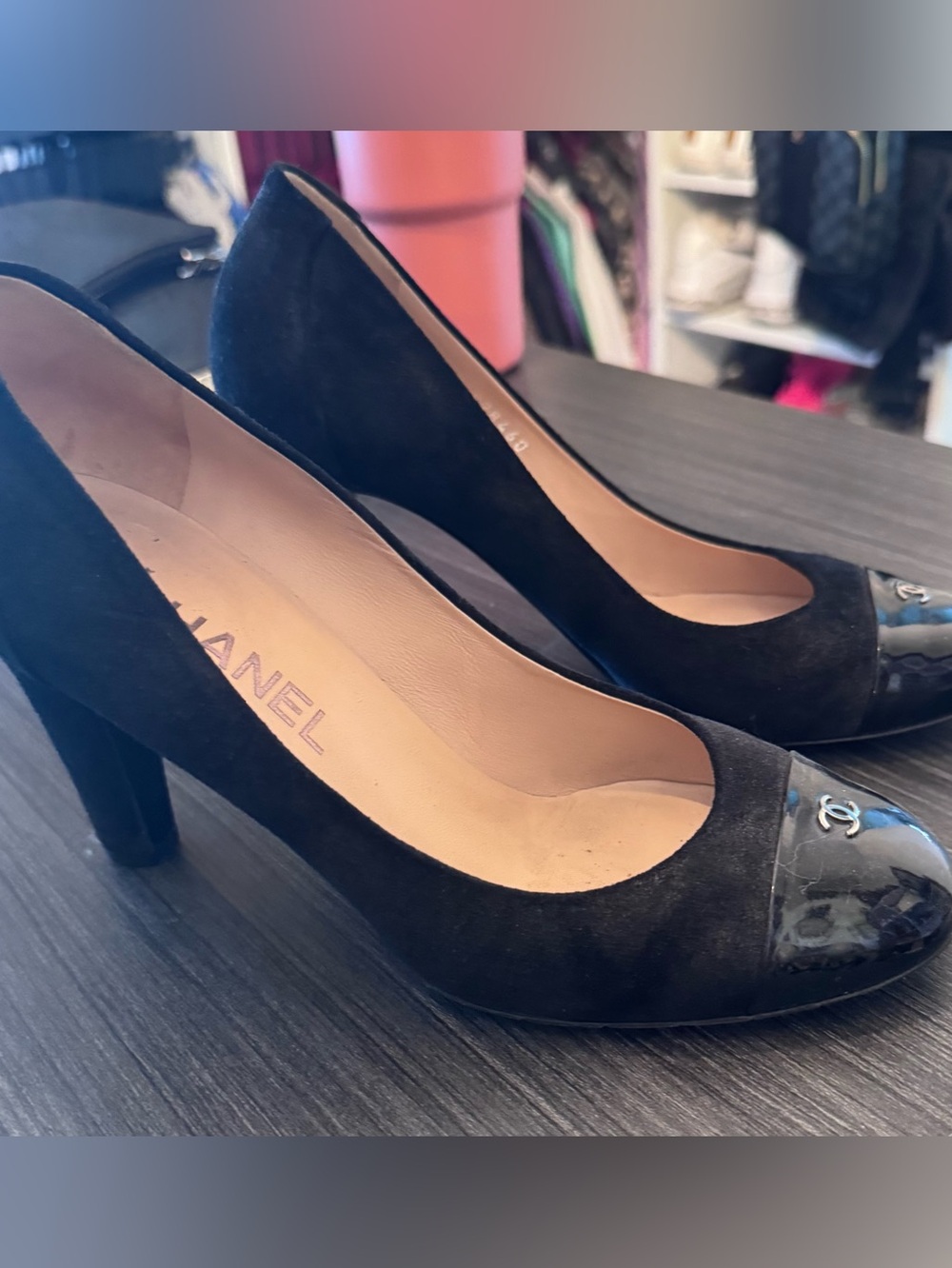 CHANEL Black Suede Pumps with Patent Cap Toe and Logo